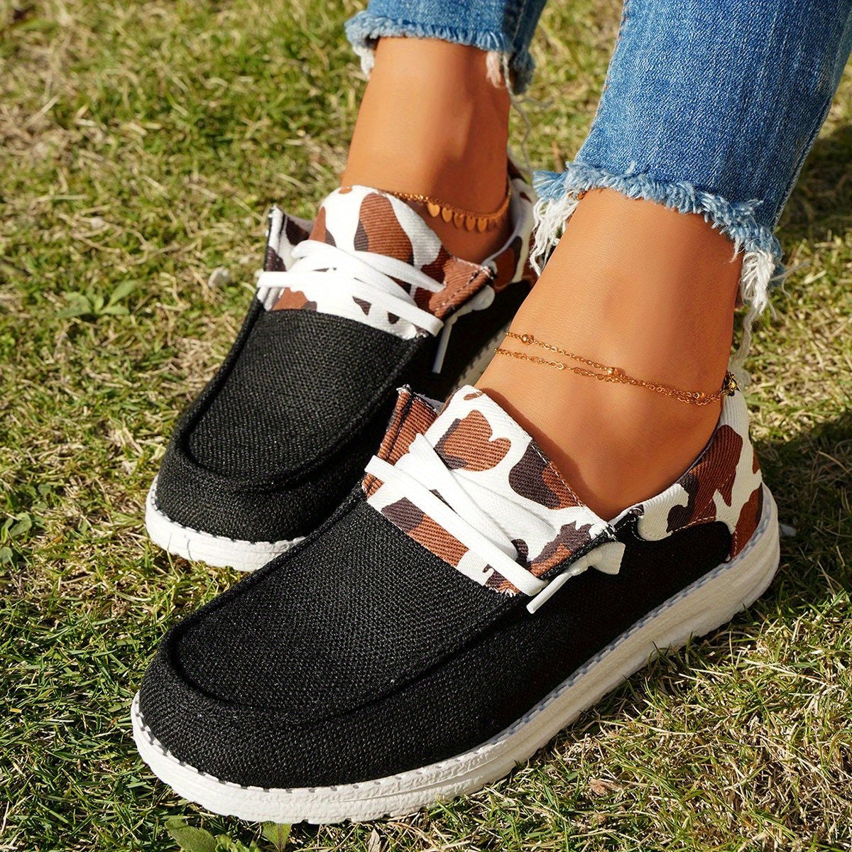 Cow Pattern Canvas Shoes, Trendy Lace Up Sneakers