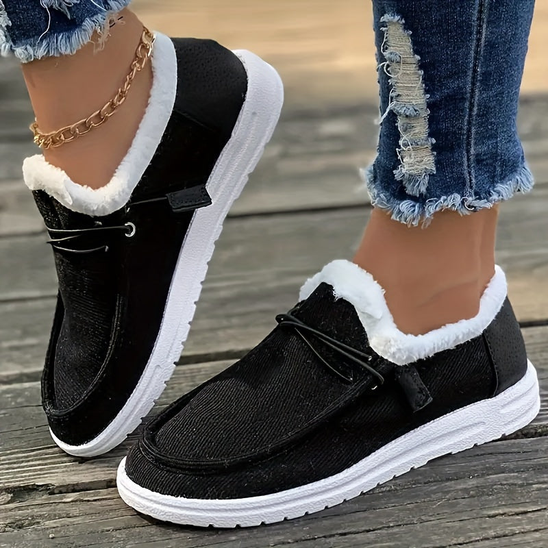 Solid Color Lined Shoes, Fluffy Warm Non-slip Canvas Shoes