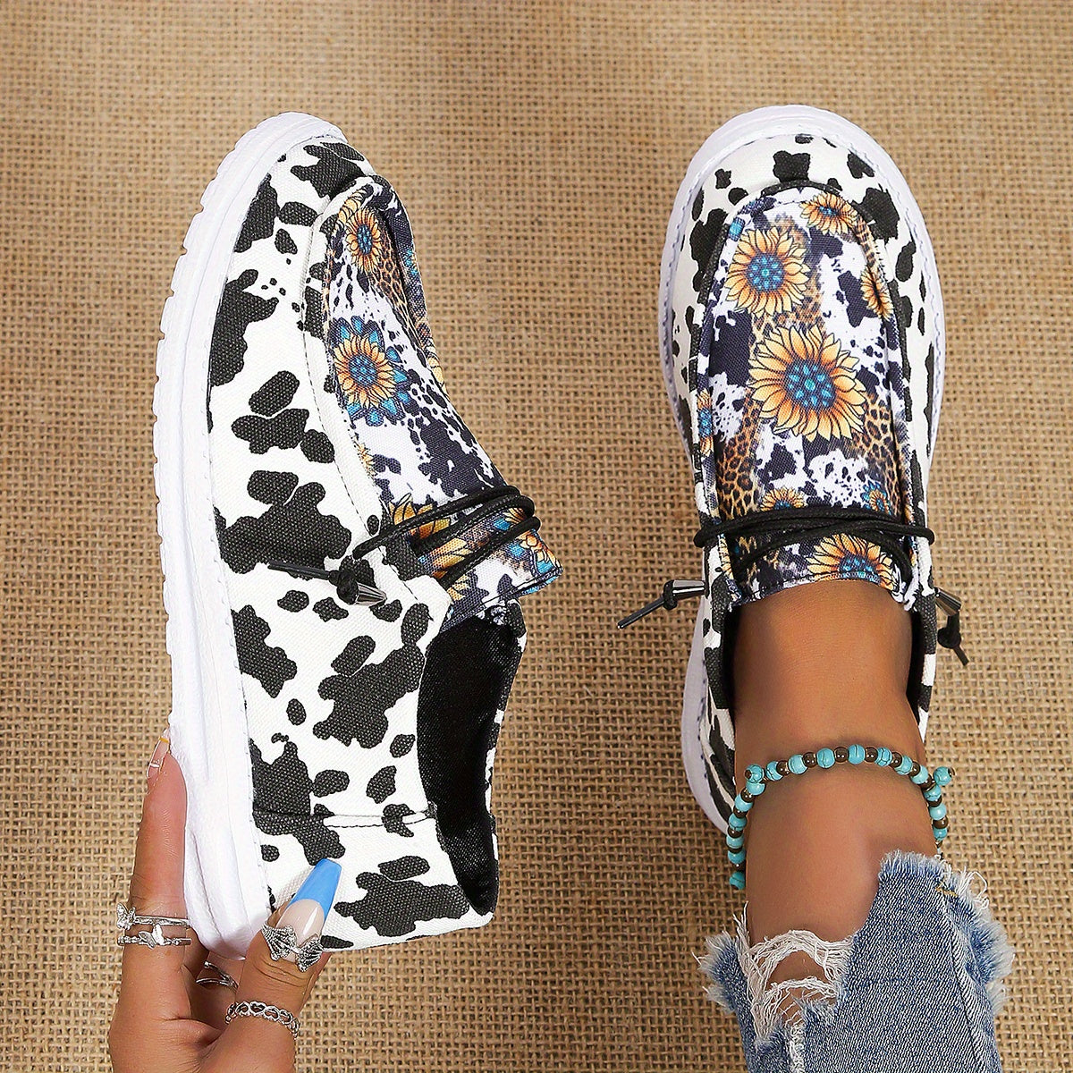 Sunflower Print Canvas Shoes, Lightweight Lace Up Shoes