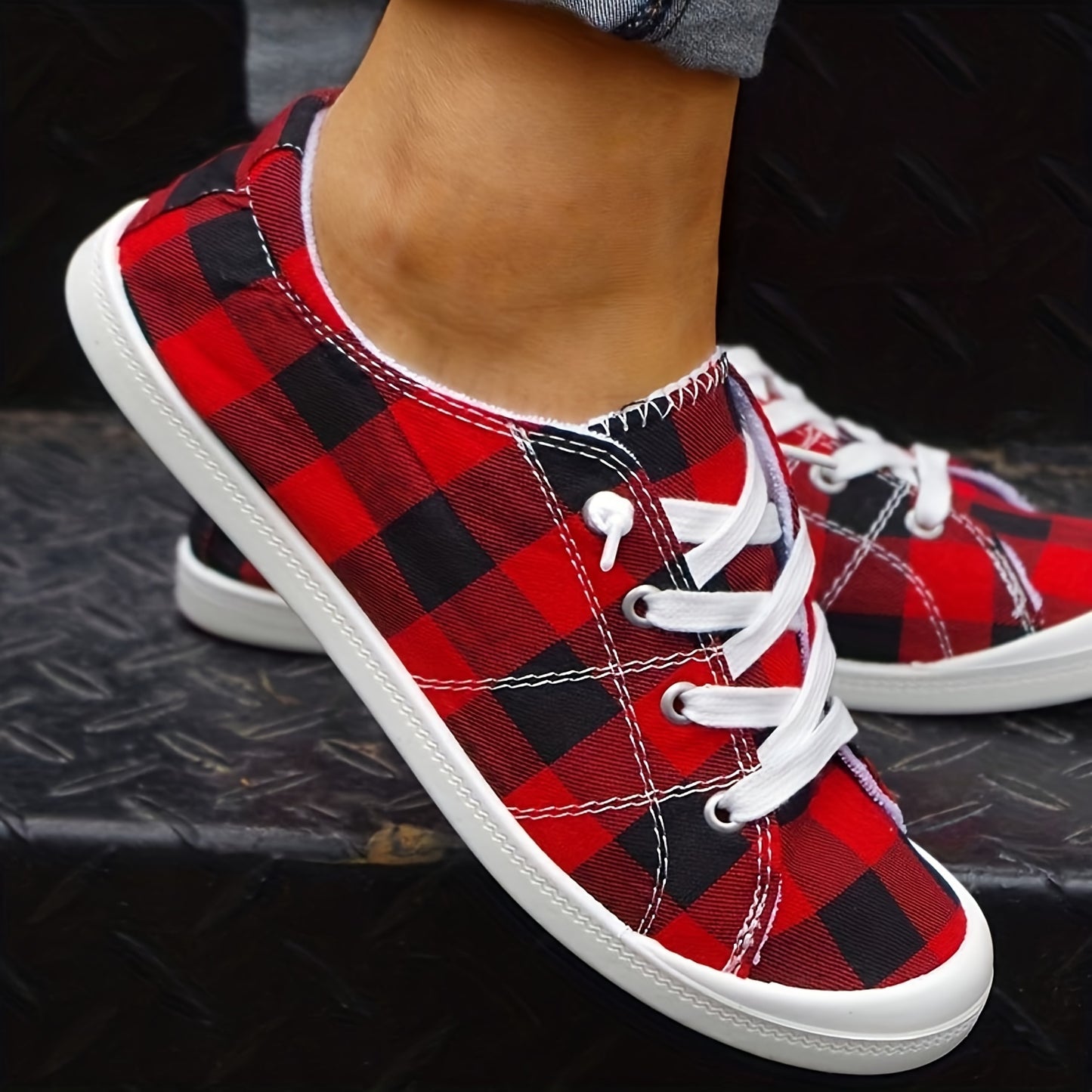 Plaid Pattern Canvas Shoes, Casual Low Top Sneakers