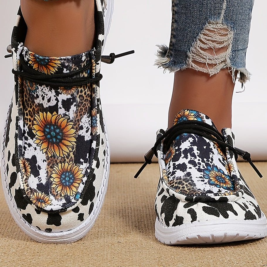 Sunflower Print Canvas Shoes, Lightweight Lace Up Shoes