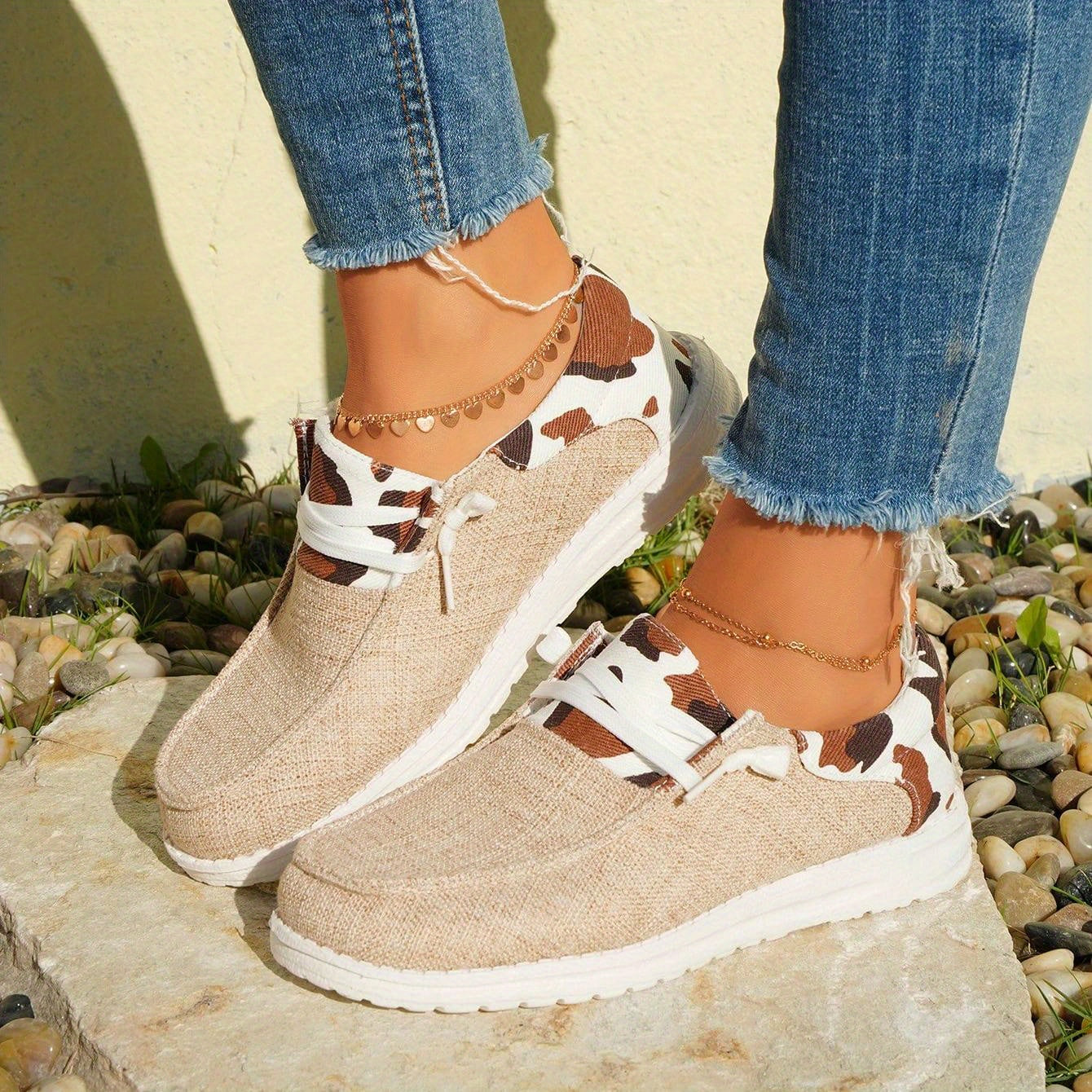 Cow Pattern Canvas Shoes, Trendy Lace Up Sneakers