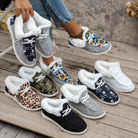 Fluffy Fleece Lined Canvas Shoes, Thermal Low Top Shoes
