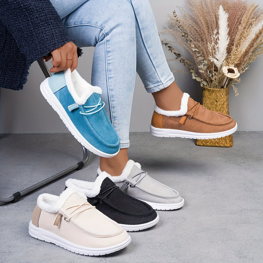Solid Color Lined Shoes, Fluffy Warm Non-slip Canvas Shoes